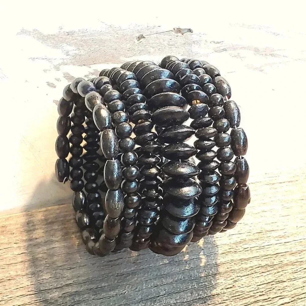 Vintage 90s Bali Sustainable Black Wood Beads Memory Wire Wrap Bracelet